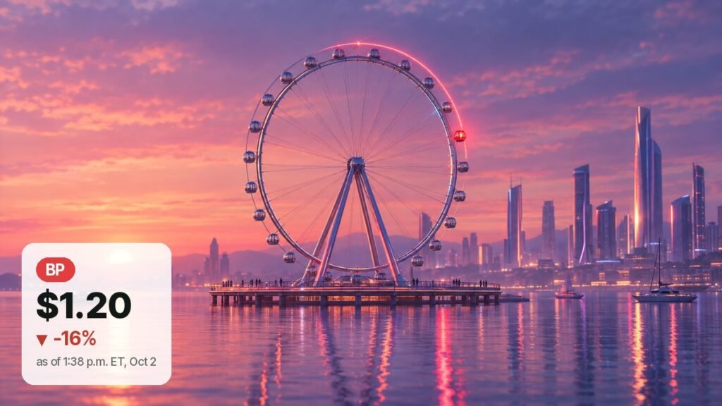 A glass observation wheel on a pier at sunset, its one red gondola just past the top and heading down, a faint red trail arcing over the wheel.