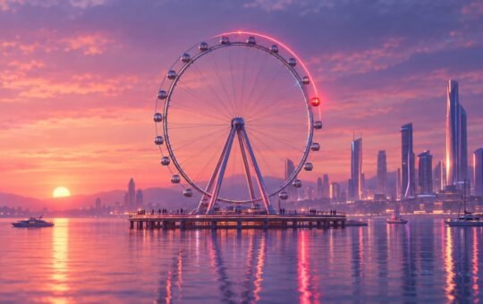 A glass observation wheel on a pier at sunset, its one red gondola just past the top and heading down, a faint red trail arcing over the wheel.