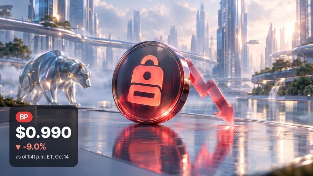 A chrome bear walks through a glassy future city beside a large red Backpack Exchange coin, with a red arrow bending down at its edge.