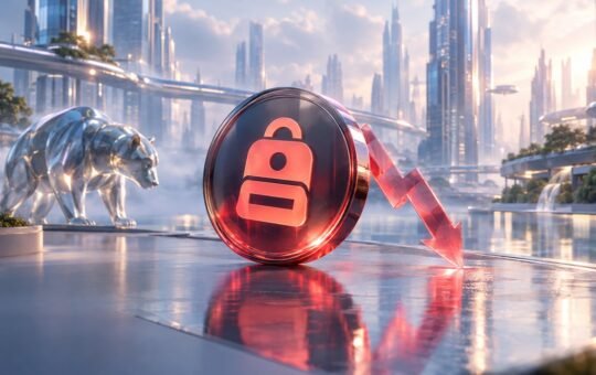 A chrome bear walks through a glassy future city beside a large red Backpack Exchange coin, with a red arrow bending down at its edge.