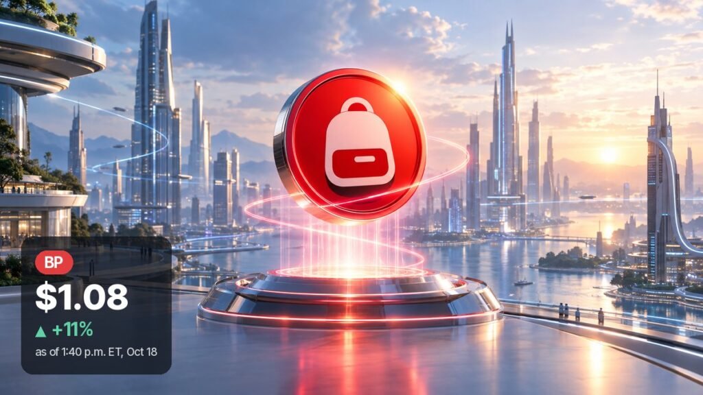 A red coin with a white backpack emblem rises above a glowing platform in the center of a sunlit glass city by the water.