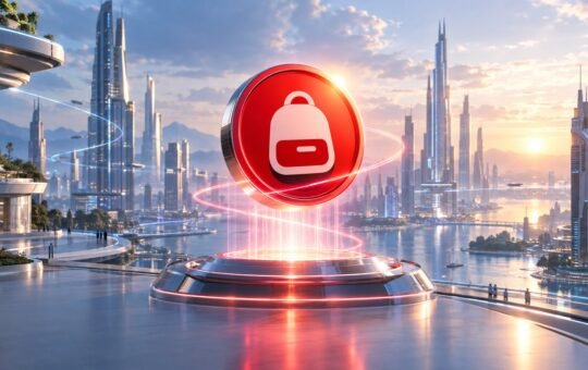 A red coin with a white backpack emblem rises above a glowing platform in the center of a sunlit glass city by the water.