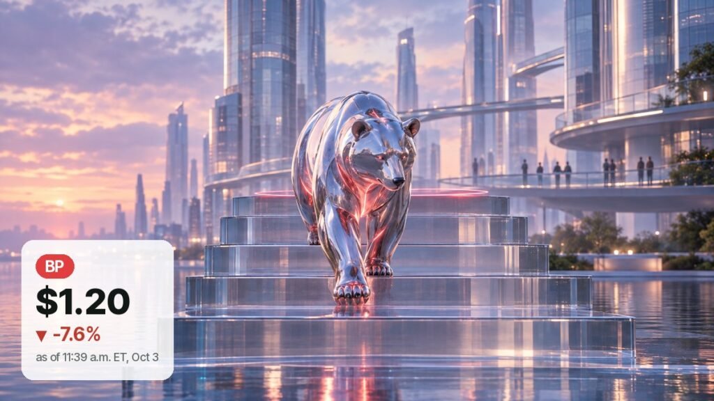 A polished chrome bear walks down a glass staircase in a dusky future city, with a faint red ring of light on the top step where it stood before.