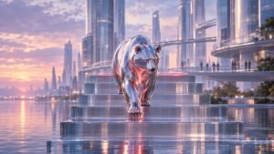 A polished chrome bear walks down a glass staircase in a dusky future city, with a faint red ring of light on the top step where it stood before.