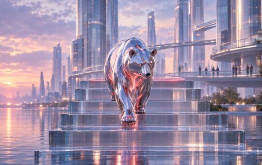 A polished chrome bear walks down a glass staircase in a dusky future city, with a faint red ring of light on the top step where it stood before.