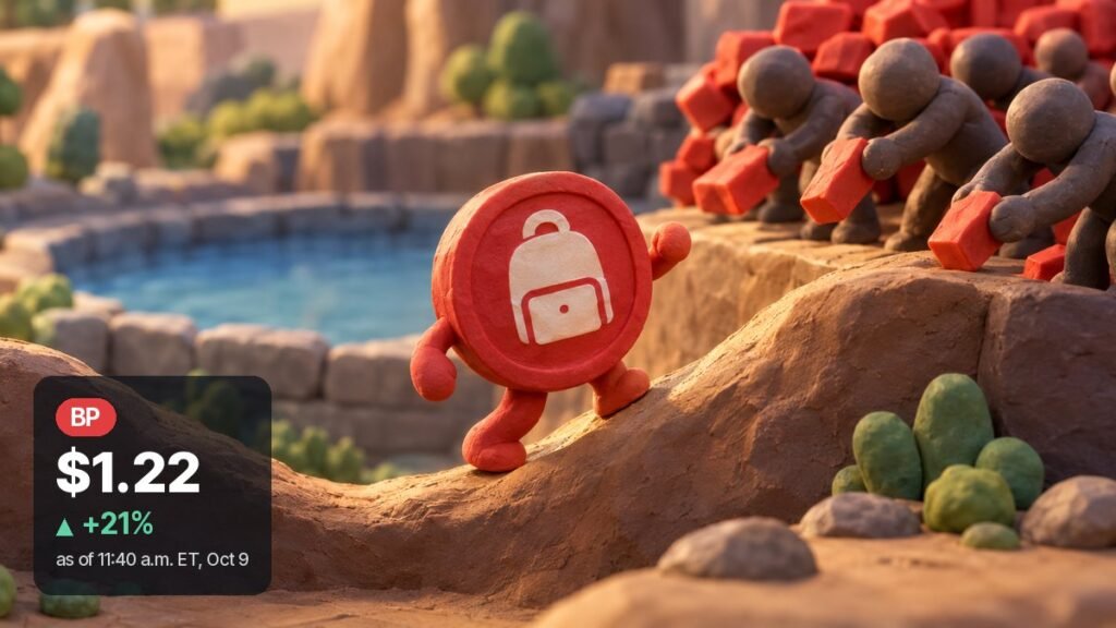 Clay model of a red coin with a white backpack emblem walking up a dirt slope out of a dip, while clay figures stack red bricks on a ledge behind it.
