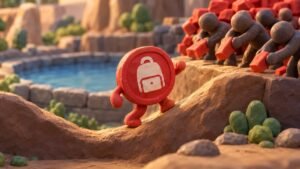 Clay model of a red coin with a white backpack emblem walking up a dirt slope out of a dip, while clay figures stack red bricks on a ledge behind it.