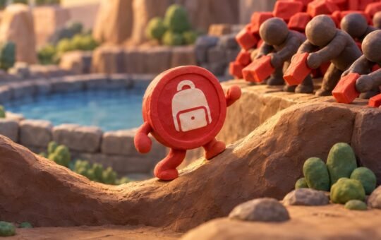 Clay model of a red coin with a white backpack emblem walking up a dirt slope out of a dip, while clay figures stack red bricks on a ledge behind it.