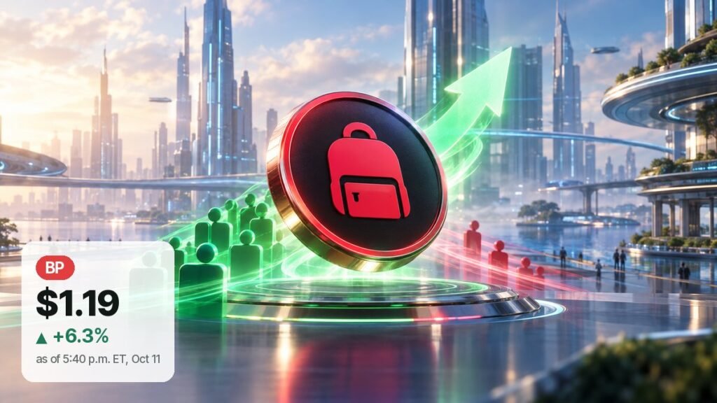 A dark coin with a red backpack emblem rises on a glowing platform in a sunlit glass city, a crowd of green figures behind it and a few red figures to the right.