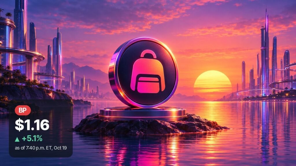 A dark coin with a glowing pink backpack emblem stands on a chrome pedestal on a small rock in calm water at a neon sunset, with futuristic towers on both shores.