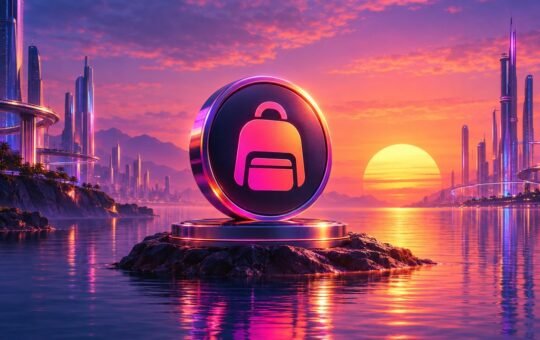 A dark coin with a glowing pink backpack emblem stands on a chrome pedestal on a small rock in calm water at a neon sunset, with futuristic towers on both shores.