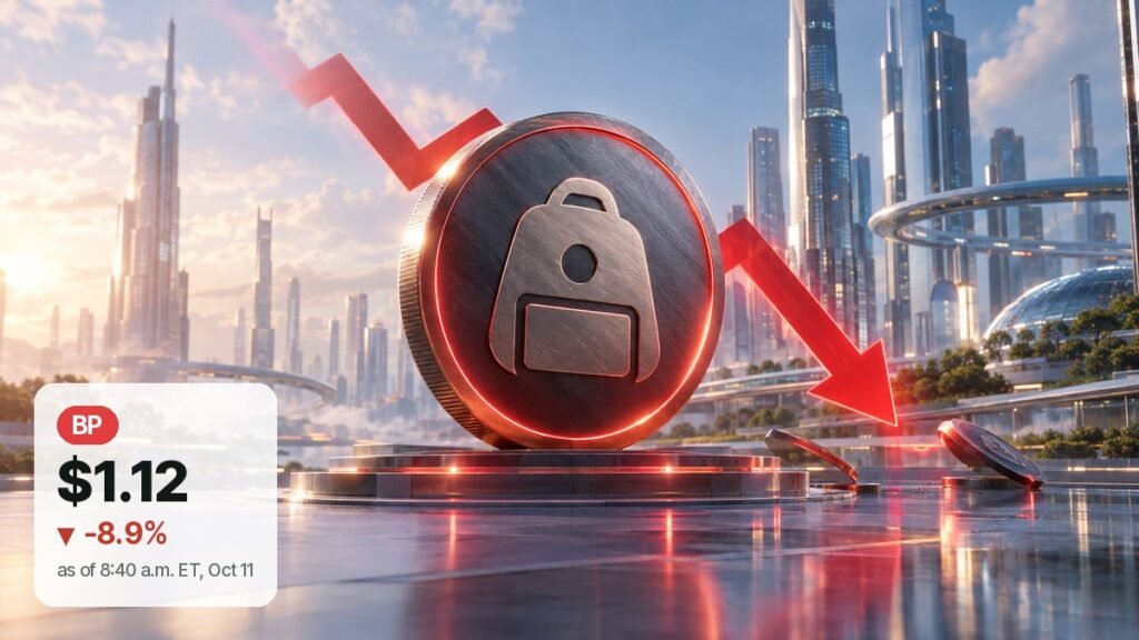 A large dark metal coin with a backpack emblem stands on a glowing round platform in a sunlit glass city, a red arrow angling down beside it.
