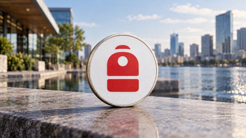 Photorealistic illustration: a white coin with the red Backpack Exchange mark stands on a stone ledge by a sunny waterfront city.