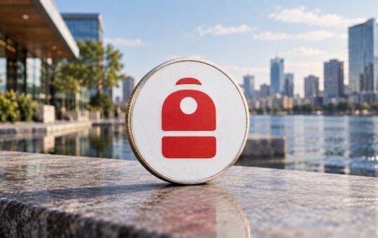 Photorealistic illustration: a white coin with the red Backpack Exchange mark stands on a stone ledge by a sunny waterfront city.