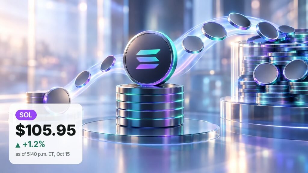 A dark coin with the Solana logo rests on a stack of glowing coins while a stream of blank coins flows into a glass vault full of coins.