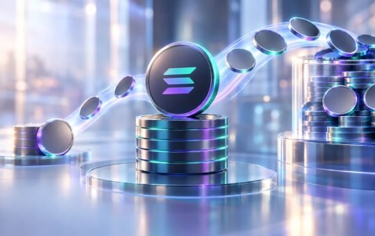 A dark coin with the Solana logo rests on a stack of glowing coins while a stream of blank coins flows into a glass vault full of coins.