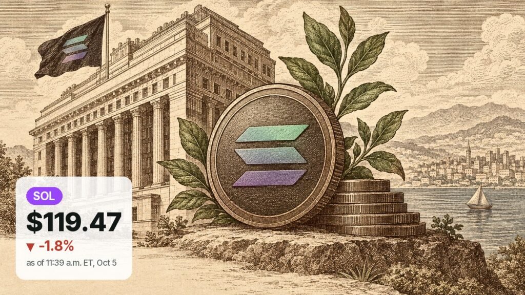 Sepia engraving of a stone treasury building flying a Solana flag, with a large Solana coin and a stepped stack of coins on a rocky ledge beside a calm bay.