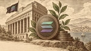 Sepia engraving of a stone treasury building flying a Solana flag, with a large Solana coin and a stepped stack of coins on a rocky ledge beside a calm bay.