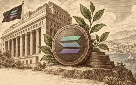 Sepia engraving of a stone treasury building flying a Solana flag, with a large Solana coin and a stepped stack of coins on a rocky ledge beside a calm bay.