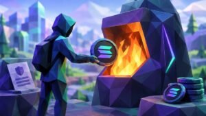 Low-poly scene: a faceless angular figure holds a Solana coin over the mouth of a glowing furnace built into a purple mountain, with a small stack of coins on the ledge beside it.