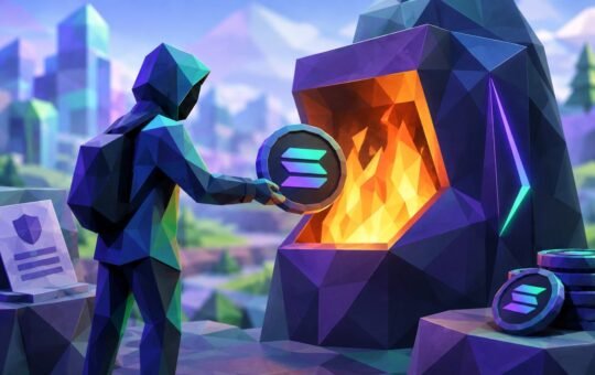 Low-poly scene: a faceless angular figure holds a Solana coin over the mouth of a glowing furnace built into a purple mountain, with a small stack of coins on the ledge beside it.