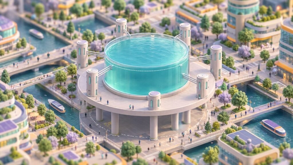 Isometric miniature of a future harbor district with a round glass reservoir of teal water raised on columns above canals and busy streets.