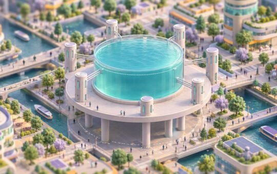 Isometric miniature of a future harbor district with a round glass reservoir of teal water raised on columns above canals and busy streets.