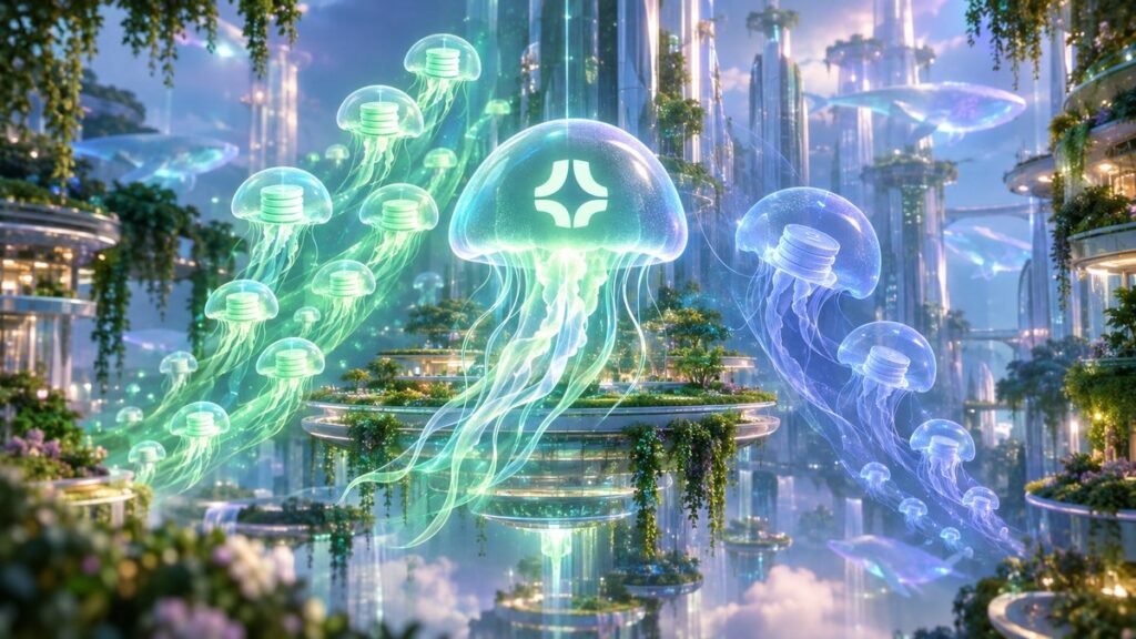 Glowing green jellyfish carrying small coin stacks drift toward a large jellyfish with the Jito emblem above a garden platform in a glass city, while paler blue jellyfish fade away on the right.