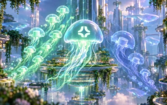 Glowing green jellyfish carrying small coin stacks drift toward a large jellyfish with the Jito emblem above a garden platform in a glass city, while paler blue jellyfish fade away on the right.