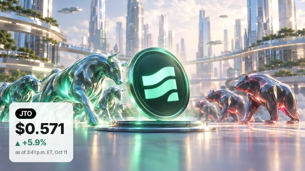 Chrome bulls push a large dark Jito coin forward on a glass platform while red-glowing bears hang back in a bright futuristic city.
