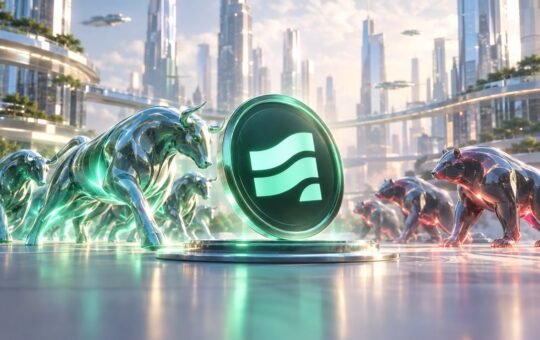 Chrome bulls push a large dark Jito coin forward on a glass platform while red-glowing bears hang back in a bright futuristic city.