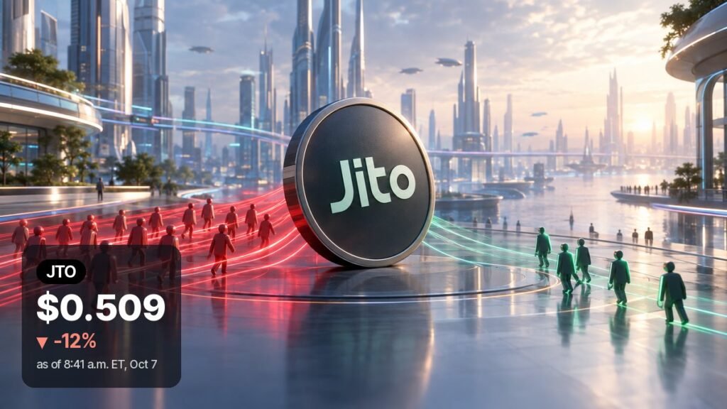 Futuristic glass city at sunset where red figures walk away from a large dark Jito coin while a few green figures walk toward it.
