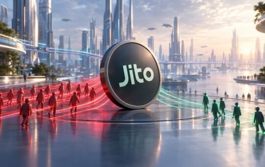Futuristic glass city at sunset where red figures walk away from a large dark Jito coin while a few green figures walk toward it.