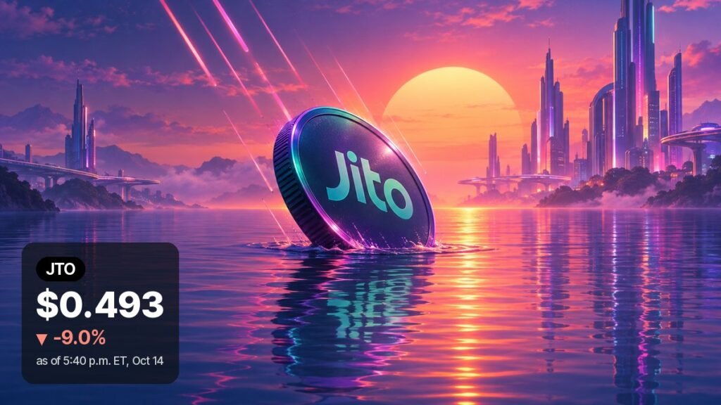 A dark coin sinks into calm water at a neon sunset, with light streaks falling toward it and glass towers on both shores.