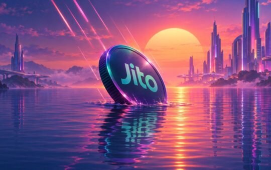 A dark coin sinks into calm water at a neon sunset, with light streaks falling toward it and glass towers on both shores.