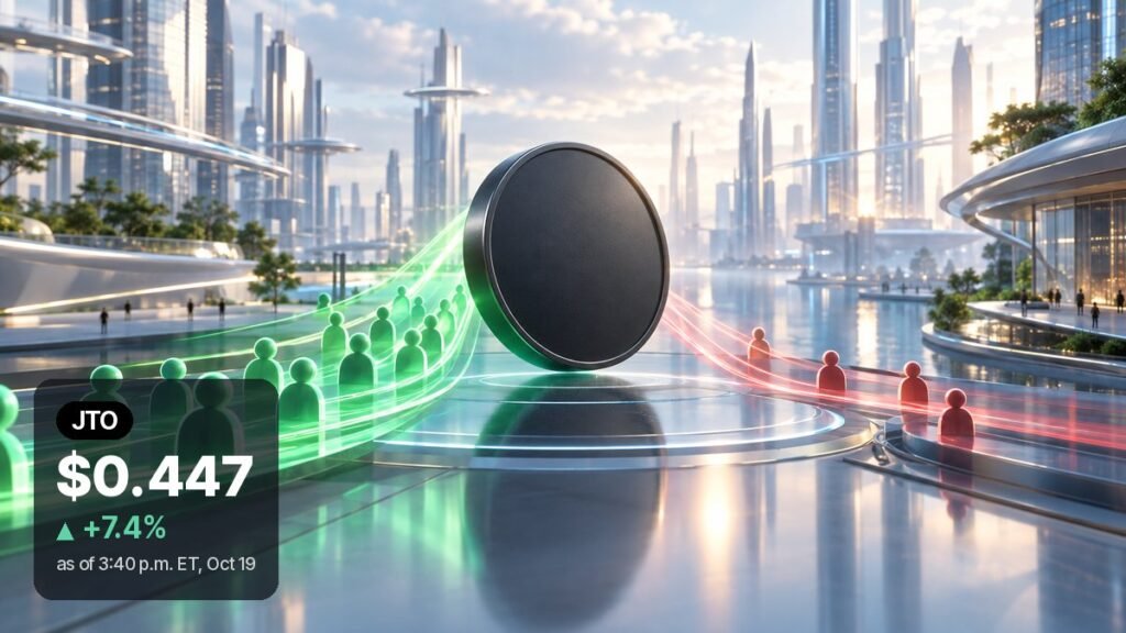 A plain dark coin on a glowing platform in a glass city, with a long line of green figures on the left and a few red figures on the right.