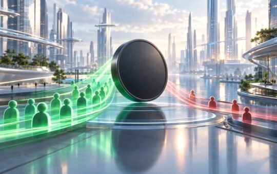 A plain dark coin on a glowing platform in a glass city, with a long line of green figures on the left and a few red figures on the right.