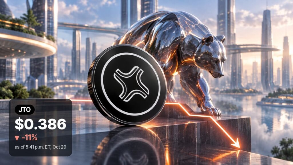 A chrome bear stands behind a large black coin with a white curved X mark on a stone ledge, in a glass city above calm water.