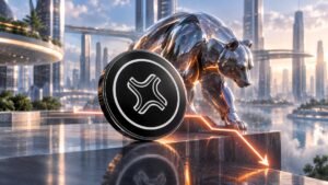 A chrome bear stands behind a large black coin with a white curved X mark on a stone ledge, in a glass city above calm water.