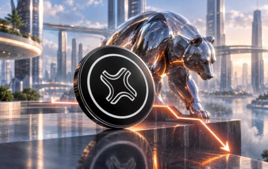A chrome bear stands behind a large black coin with a white curved X mark on a stone ledge, in a glass city above calm water.
