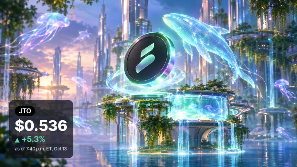 A dark token hovers above a glowing fountain pool in a futuristic garden city as translucent sea creatures drift past