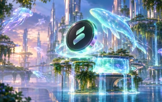 A dark token hovers above a glowing fountain pool in a futuristic garden city as translucent sea creatures drift past