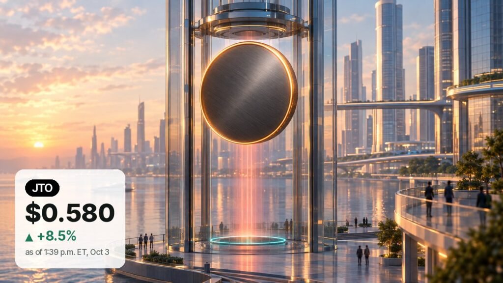 A giant plain graphite coin with a glowing amber rim rises inside a glass lift tower on a harbor plaza at sunset, a teal ring of light below marking its earlier low.