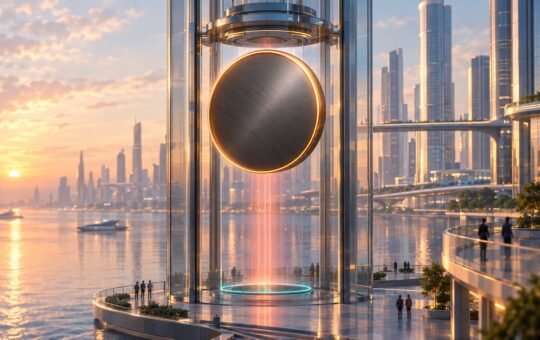 A giant plain graphite coin with a glowing amber rim rises inside a glass lift tower on a harbor plaza at sunset, a teal ring of light below marking its earlier low.