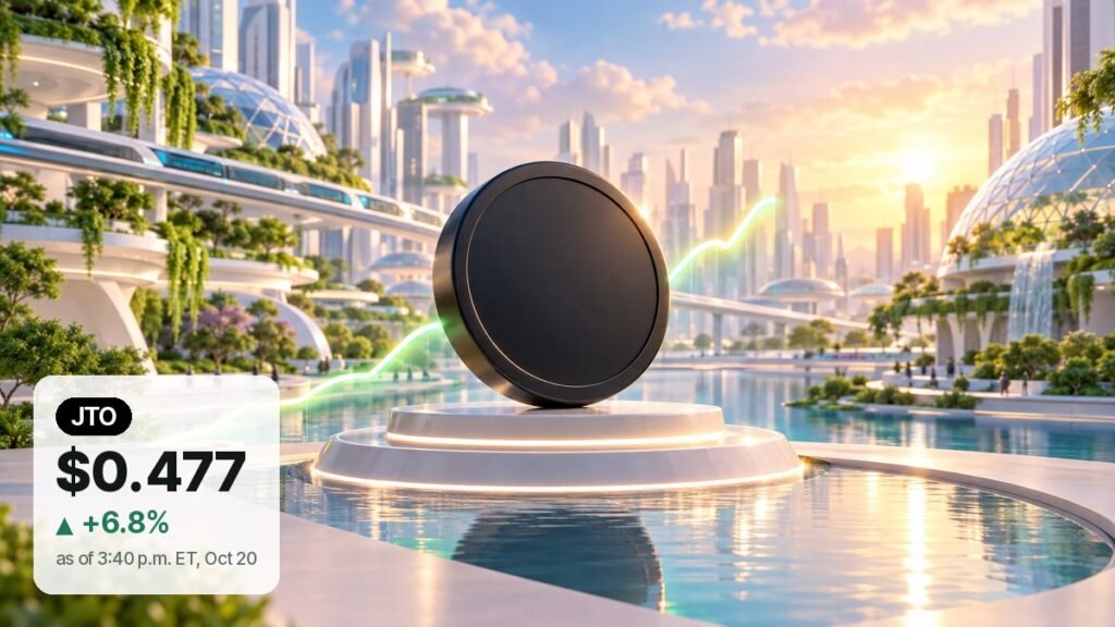 A plain dark coin stands on a white platform beside a reflecting pool in a sunlit future city, with a soft green light trail rising behind it.
