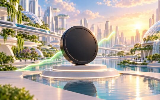 A plain dark coin stands on a white platform beside a reflecting pool in a sunlit future city, with a soft green light trail rising behind it.