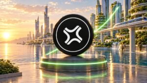 A black coin with the white Jito logo stands on a glowing pedestal at a sunlit futuristic waterfront, with a green line rising behind it.