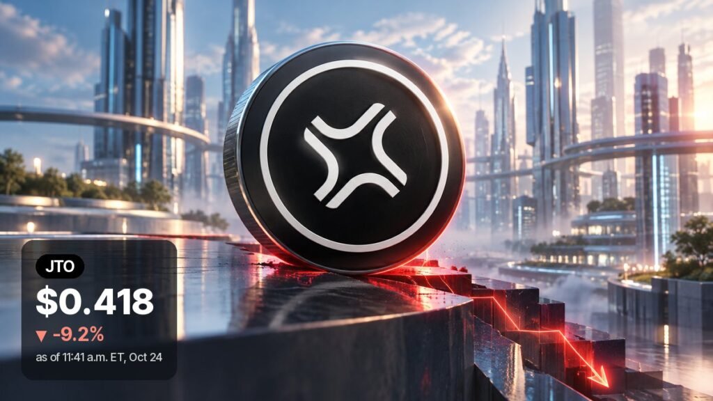 A large black coin with a white curved X mark stands on a dark ledge in a glass city, beside red-lit steps that lead down.