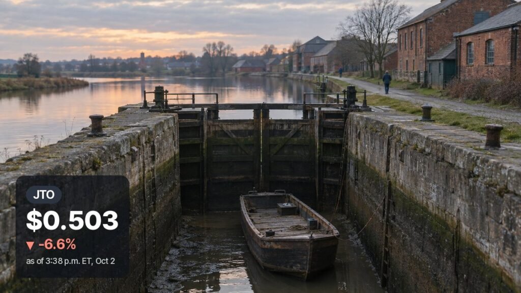 Photorealistic illustration: a small wooden barge sits low in a draining stone canal lock at dusk, a full reservoir calm behind the lock gates.