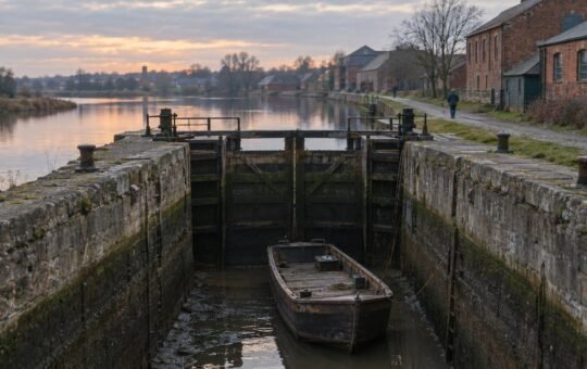 Photorealistic illustration: a small wooden barge sits low in a draining stone canal lock at dusk, a full reservoir calm behind the lock gates.